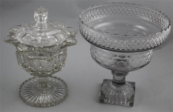 A cut glass pedestal comport & a glass sweetmeat jar and cover, c.1830, 21.5cm. and 23.5cm.